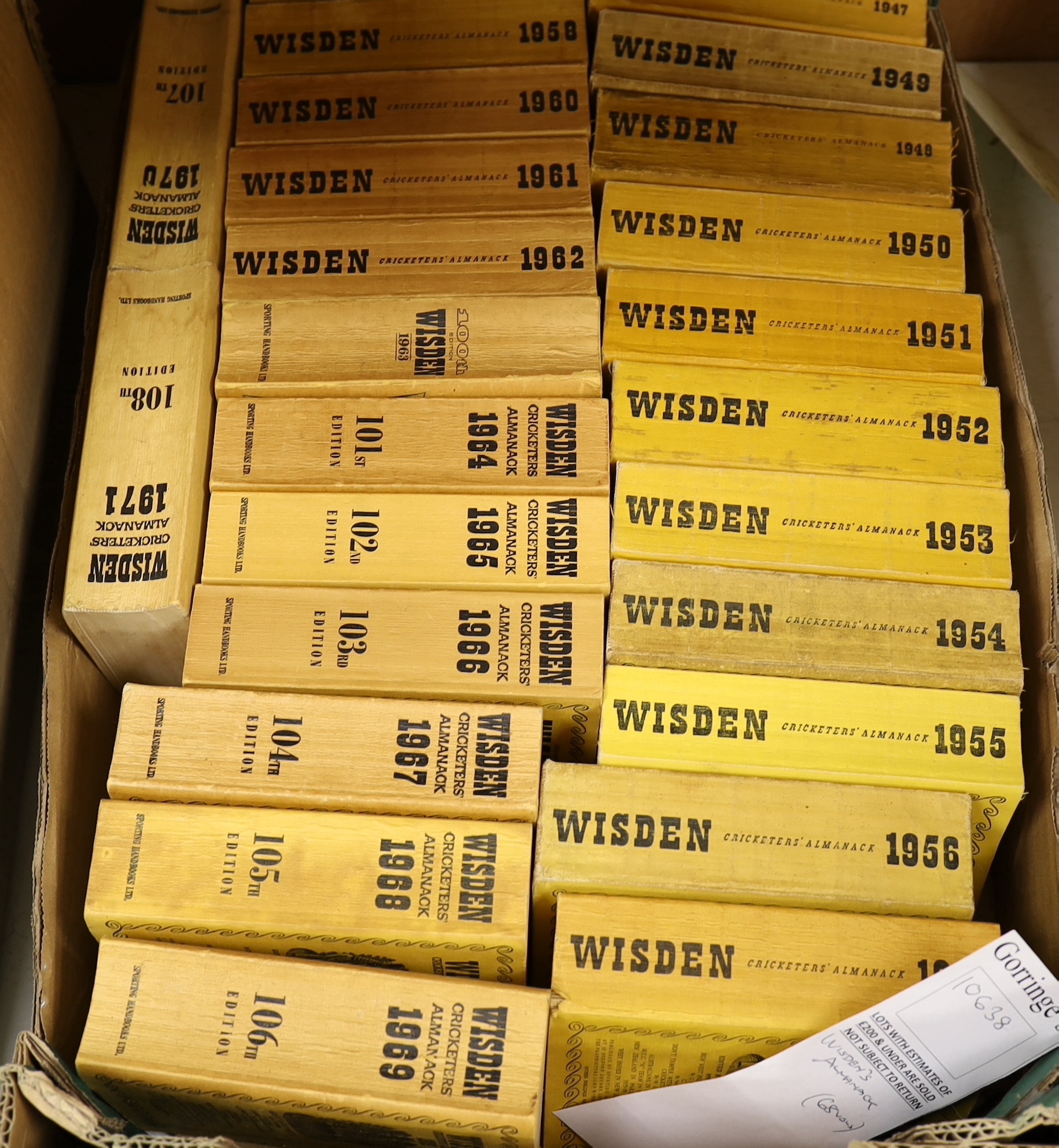 Wisden's Cricketers Almanack, some earlier volumes and a long post-war run, comprises: 1947-2005 (59 vols., limp cloth and cloth with d/wrapper bindings); and the following earlier years - 1911, 1912, 1914, 1920, 1924, 1